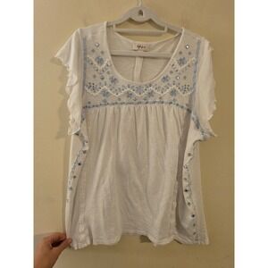 Style & Co. Women's XL Cotton  White W/Blue Embroidered Embellished Peasant Top